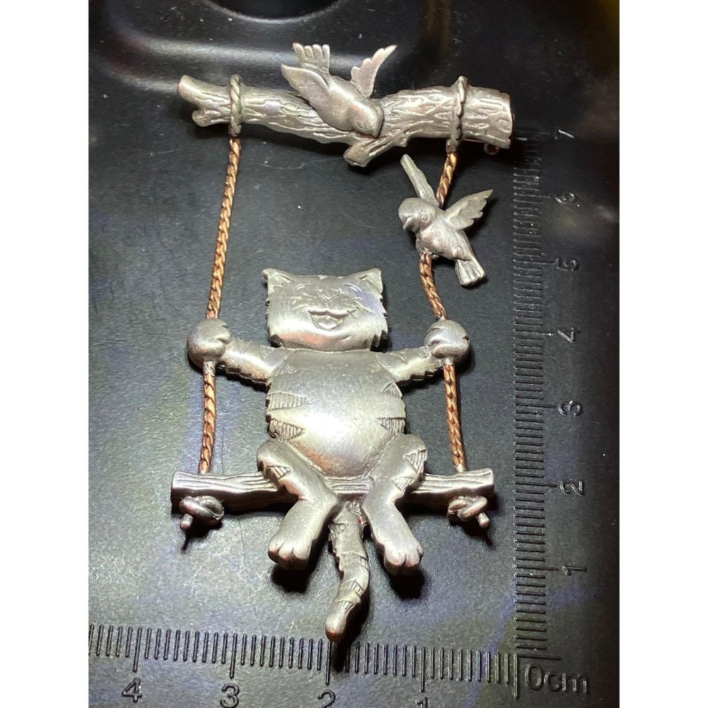 Vintage J.J. Jonet Cat on a Swing with Birds Brushed Antiqued Silver Brooch